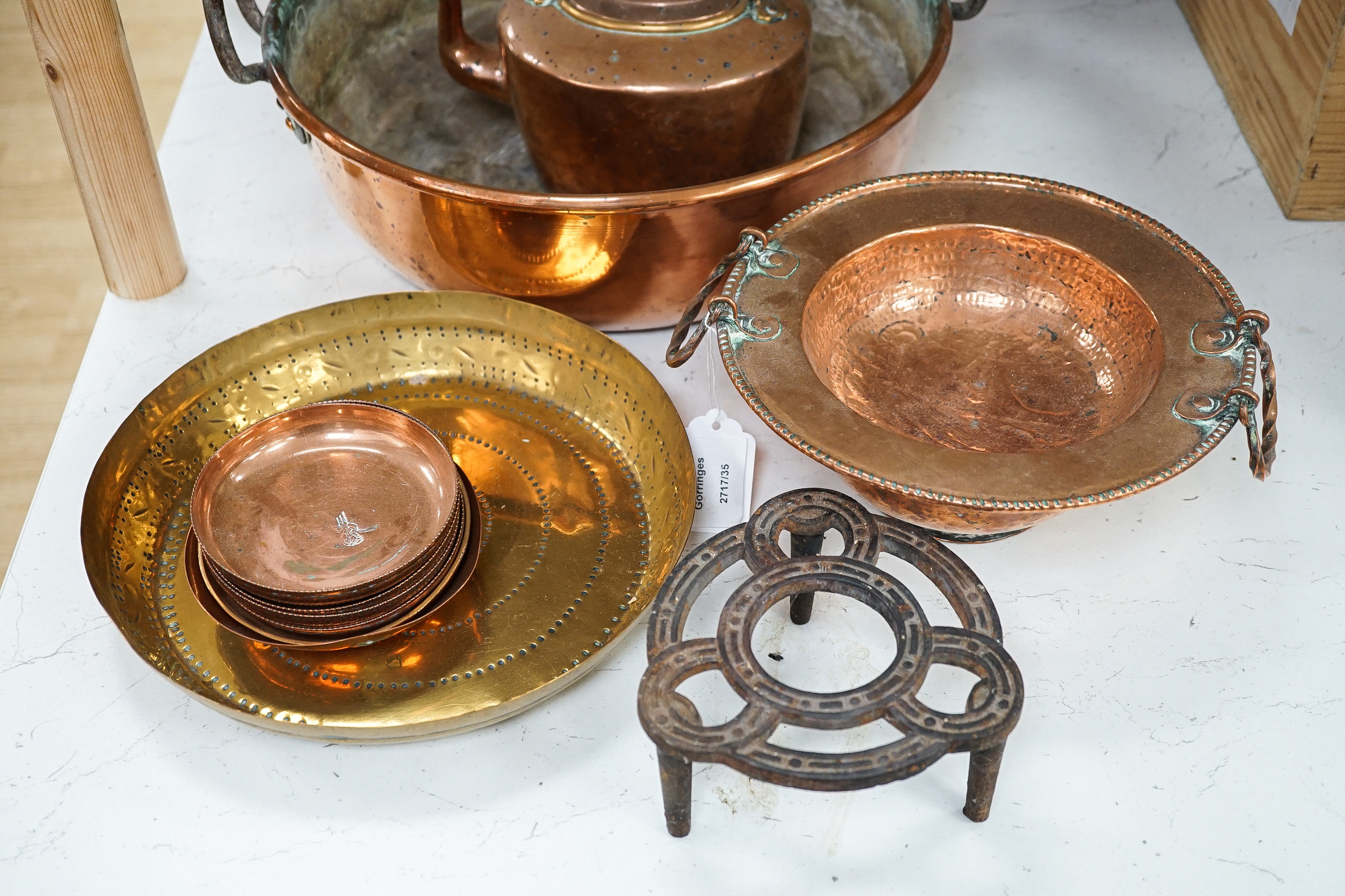 Mixed copper wares including teapot, preserve pan etc.